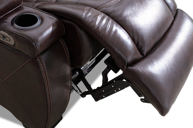 Sofa à inclinaison électrique Hugo de 84 po en cuir véritable avec appuie-têtes électriques, 2 porte-gobelets et ports USB - brun