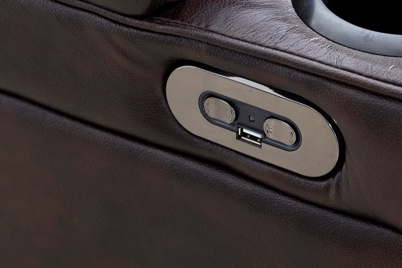 Sofa à inclinaison électrique Hugo de 84 po en cuir véritable avec appuie-têtes électriques, 2 porte-gobelets et ports USB - brun