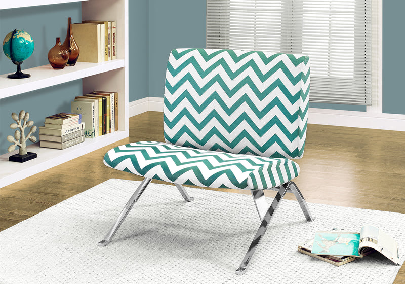 Fauteuil d’appoint en métal chromé et tissu à motif de chevron bleu sarcelle