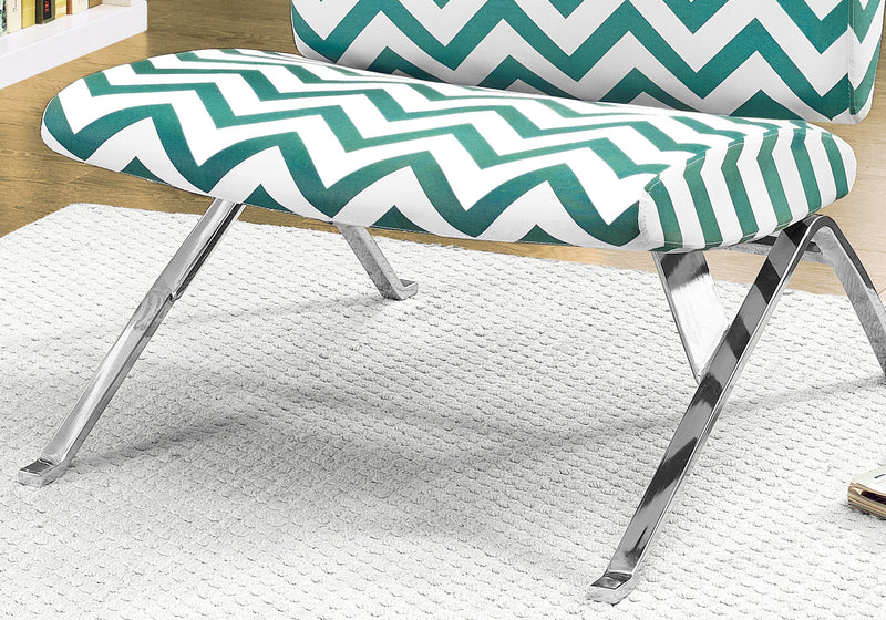 Fauteuil d’appoint en métal chromé et tissu à motif de chevron bleu sarcelle