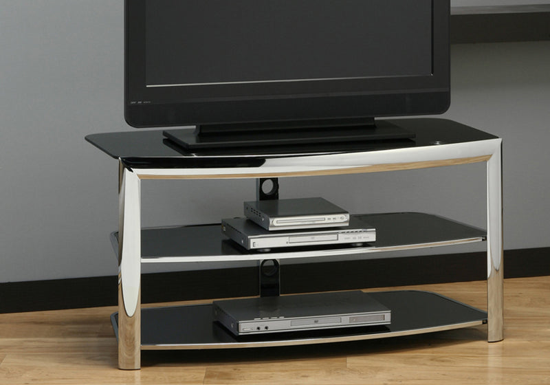Meuble pour téléviseur en métal chromé et en verre trempé noir