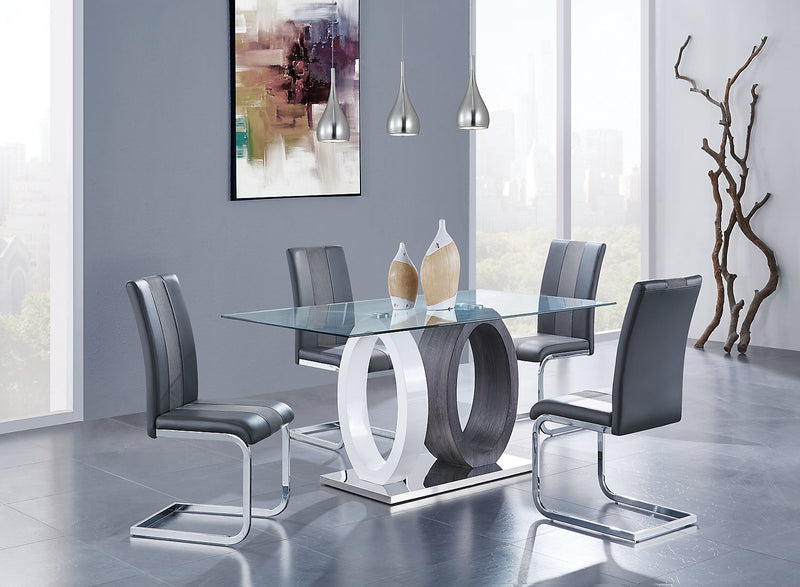 Ensemble de salle à manger Jaye 5 pièces avec table de 63 po (L), dessus en verre, base piédestal et 4 chaises - gris et blanc