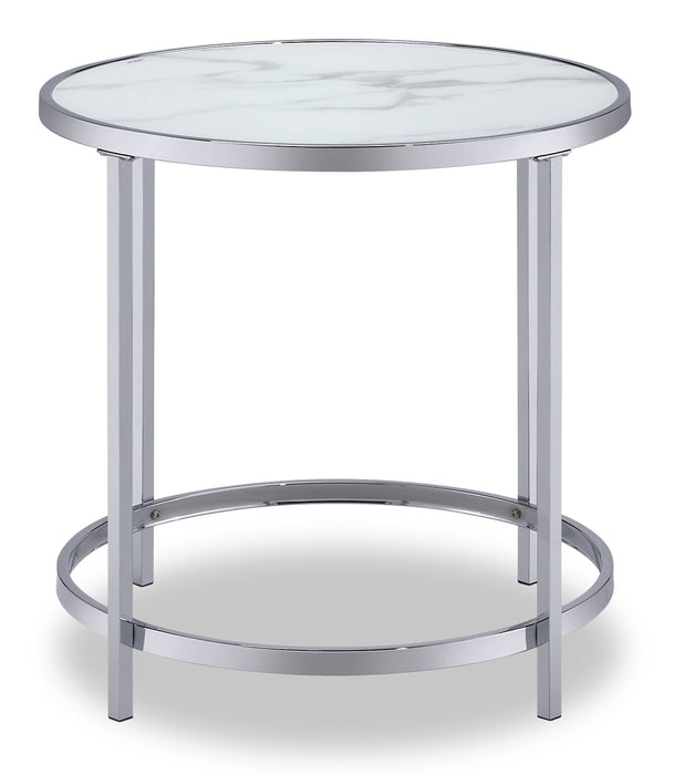 Table de bout ronde somptueuse Josie de 24 po avec dessus en verre et roulettes - imitation de marbre gris avec pattes en métal