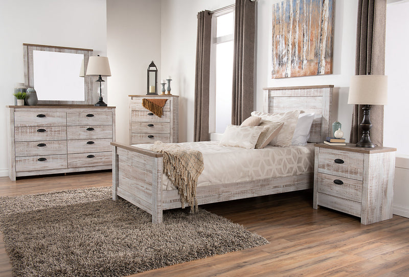 Ensemble de chambre à coucher Kaia 6 pièces pour enfants avec lit à panneau, commode, miroir et table de nuit, blanchi - format lit simple
