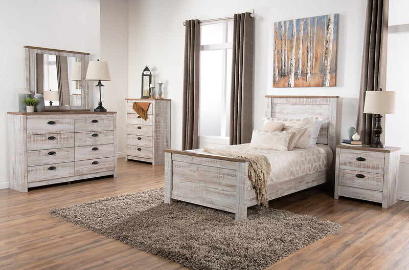 Ensemble de chambre à coucher Kaia 6 pièces pour enfants avec lit à panneau, commode, miroir et table de nuit, blanchi - format lit simple