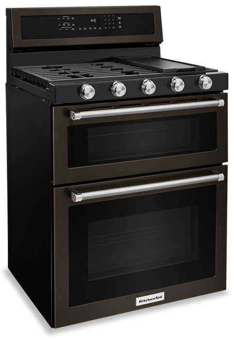 Cuisinière à gaz KitchenAid de 6 pi³ avec autonettoyage et four double - acier inoxydable noir avec fini PrintShieldMC - KFGD500EBS