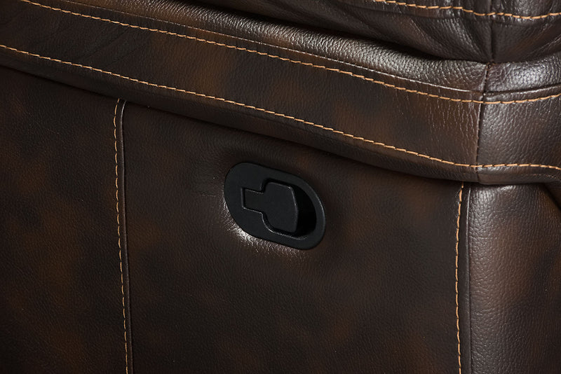 Causeuse coulissante inclinable Leo de 78 po en tissu d’apparence cuir avec console de rangement - brun noyer