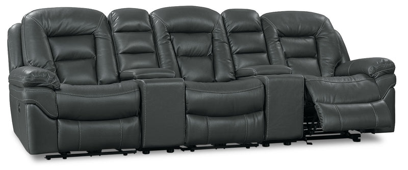Sofa sectionnel à inclinaison électrique Leo 5 pièces de style cinéma maison en tissu d’apparence cuir avec consoles de rangement et porte-gobelets - gris