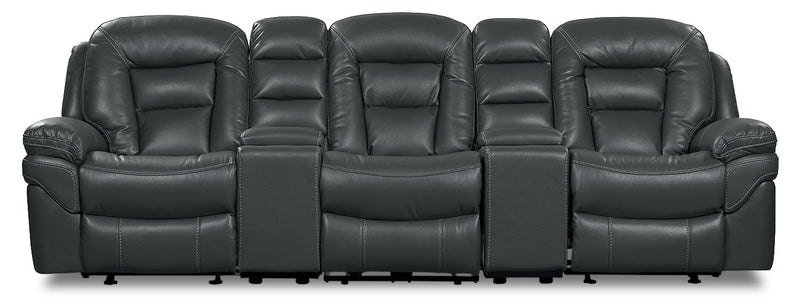 Sofa sectionnel à inclinaison électrique Leo 5 pièces de style cinéma maison en tissu d’apparence cuir avec consoles de rangement et porte-gobelets - gris