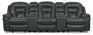 Sofa sectionnel inclinable Leo 5 pièces de style cinéma maison en tissu d’apparence cuir avec consoles de rangement et porte-gobelets - gris