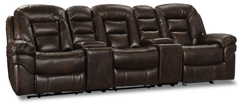 Sofa sectionnel à inclinaison électrique Leo 5 pièces en tissu d’apparence cuir avec consoles de rangement et porte-gobelets - brun noyer