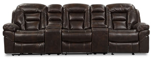 Sofa sectionnel à inclinaison électrique Leo 5 pièces en tissu d’apparence cuir avec consoles de rangement et porte-gobelets - brun noyer