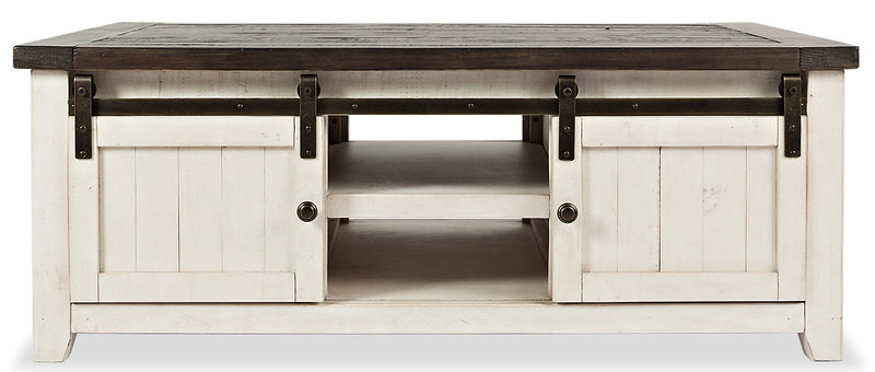 Table à café rustique Madison de 50 po avec rangement, tablette et roulettes - bois blanc