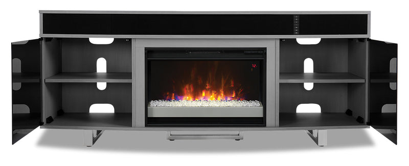 Meuble pour téléviseur moderne Odesos de 72 po avec foyer électrique, rangement et système de gestion des câbles pour téléviseurs jusqu’à 80 po - gris