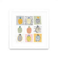 Œuvre d’art murale encadrée blanche et mate « Nine Pineapples » 36 x 36