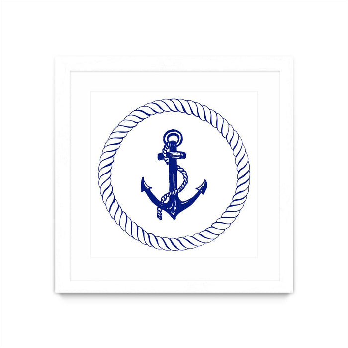 Œuvre d’art murale encadrée blanche et mate « Blue Nautical Circle I » 36 x 36