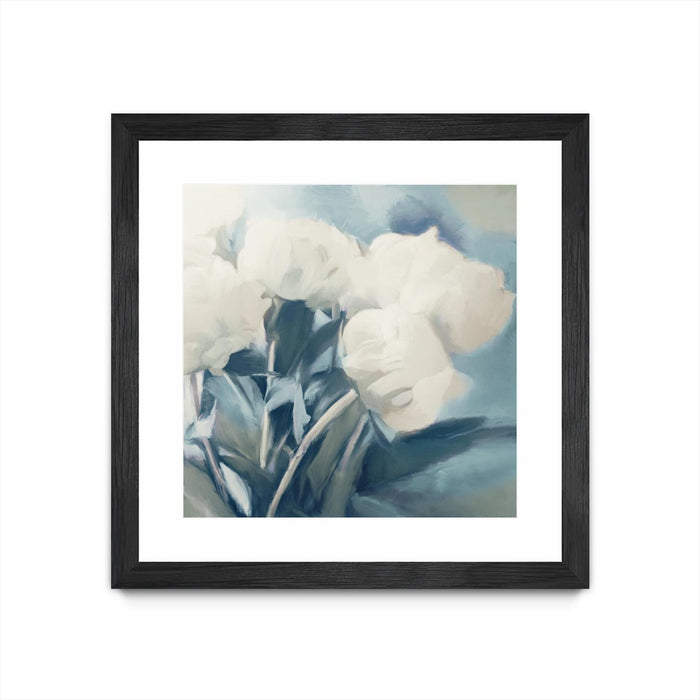 Œuvre d’art murale encadrée noire et mate « White Roses I » 36 x 36