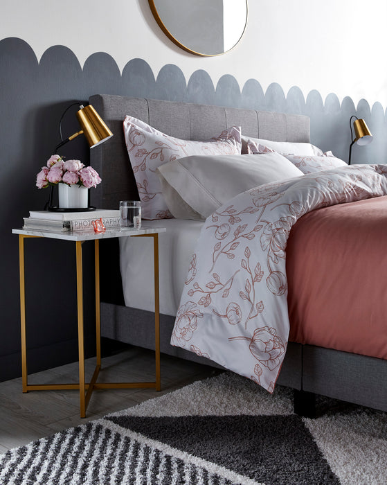 Lit rembourré Tara en tissu d’apparence lin gris avec capitonnage à boutons - format grand lit