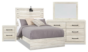 Ensemble de chambre à coucher Abby 6 pièces avec lit à panneau, commode, miroir, table de nuit, éclairage à DEL et port USB, blanc - format lit double