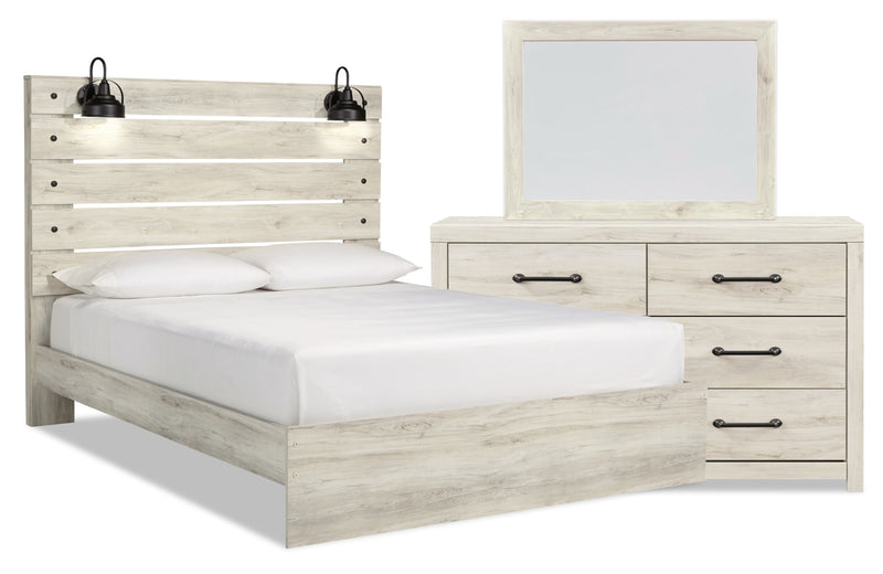 Ensemble de chambre à coucher Abby 5 pièces avec lit à panneau, commode, miroir, éclairage à DEL et port USB, blanc - format très grand lit