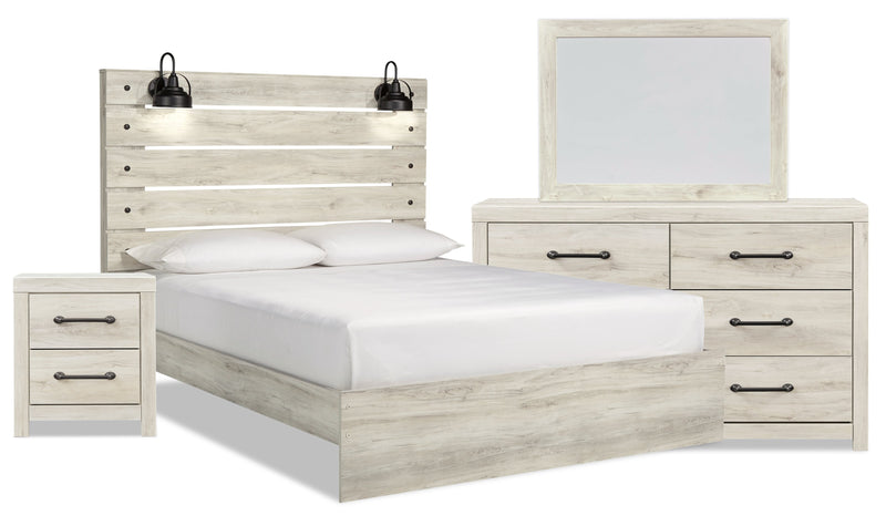 Ensemble de chambre à coucher Abby 6 pièces avec lit à panneau, commode, miroir, table de nuit, éclairage à DEL et port USB, blanc - format très grand lit
