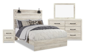 Ensemble de chambre à coucher Abby 6 pièces avec lit à panneau, commode, miroir, table de nuit, éclairage à DEL et port USB, blanc - format grand lit