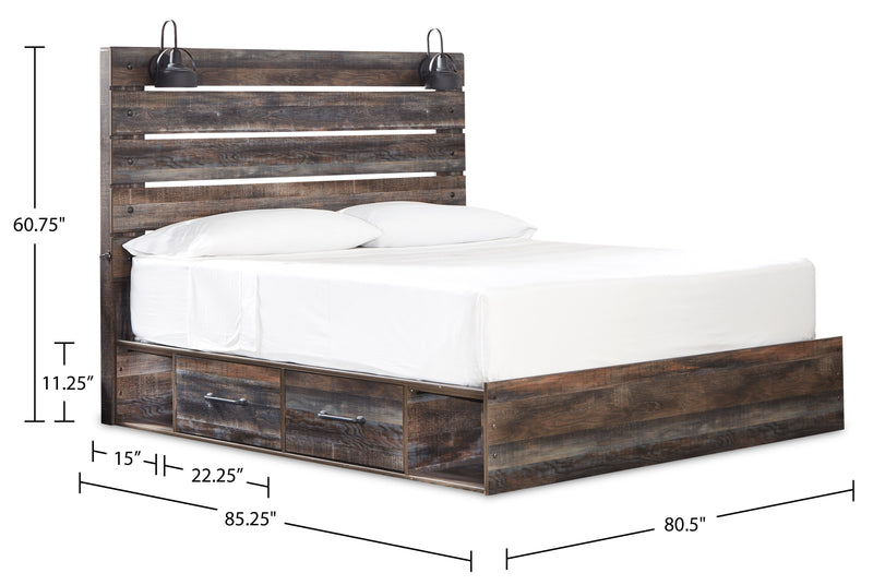 Lit plateforme de rangement latéral Abby avec éclairage à DEL et ports USB, brun - format très grand lit