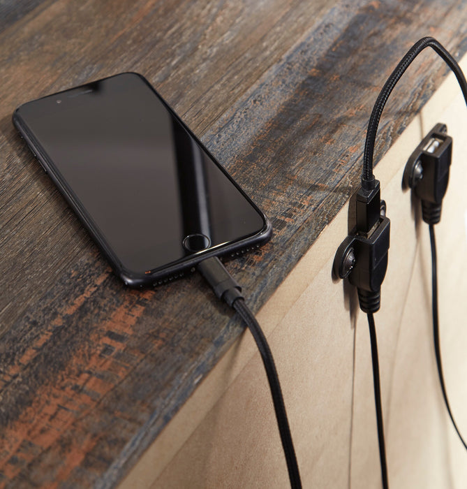 Ensemble de chambre à coucher Abby 6 pièces avec lit de rangement latéral, commode, miroir, table de nuit, éclairage à DEL et port USB, brun - format très grand lit