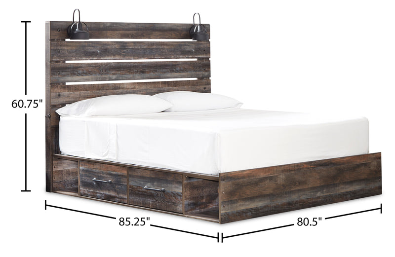 Ensemble de chambre à coucher Abby 6 pièces avec lit de rangement latéral, commode, miroir, table de nuit, éclairage à DEL et port USB, brun - format très grand lit