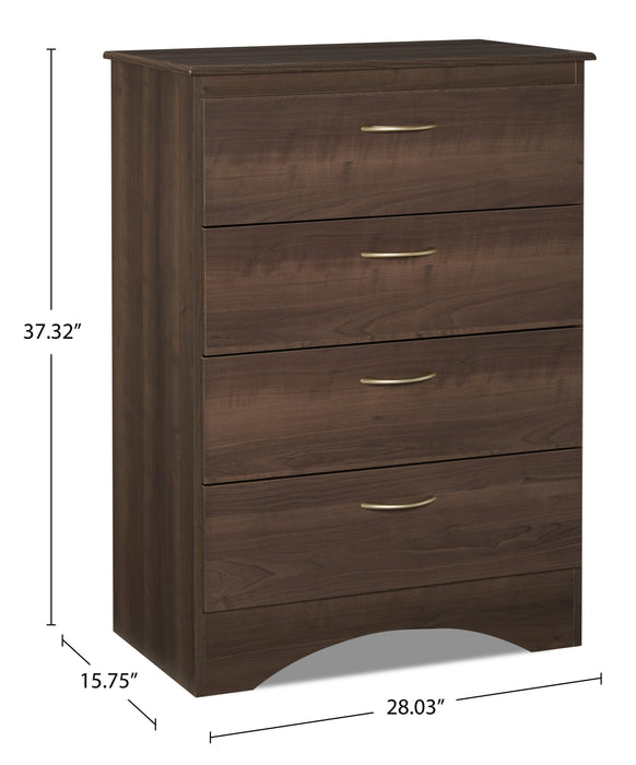 Commode verticale Aida de 28 po (L) x 37,3 po (H) à 4 tiroirs pour la chambre à coucher, fabriquée au Canada - brune