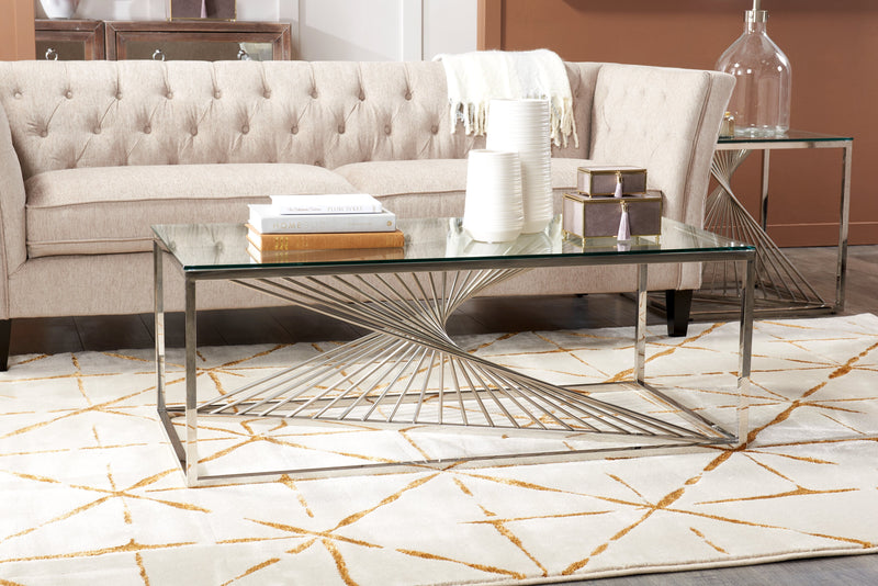 Table à café moderne Andreas de 47,25 po avec dessus en verre - argentée avec base en métal chromé