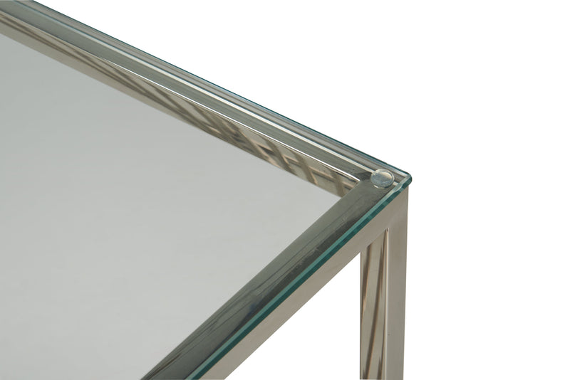 Table de bout moderne Andreas de 22 po avec dessus en verre - argentée avec base en métal chromé