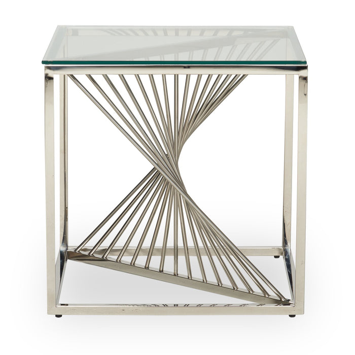 Table de bout moderne Andreas de 22 po avec dessus en verre - argentée avec base en métal chromé