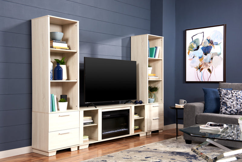 Meuble pour téléviseur moderne Antoni de 62 po avec foyer électrique, rangement et système de gestion des câbles pour téléviseurs jusqu’à 70 po - blanc