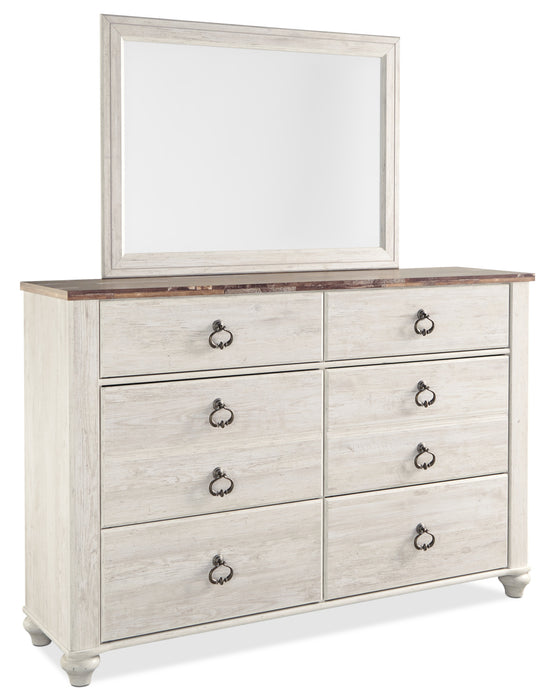 Ensemble de chambre à coucher Willowton 5 pièces avec lit, commode et miroir, blanchi - format lit double