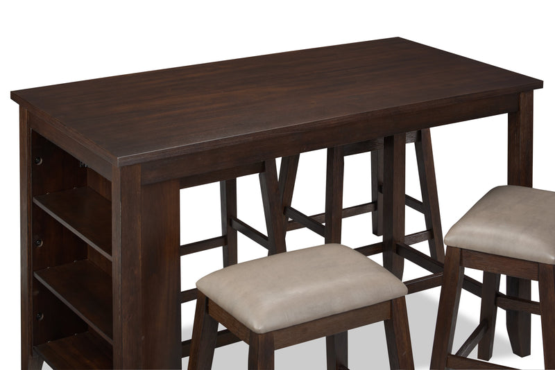 Ensemble de salle à manger Astoria 5 pièces de hauteur comptoir avec table de 60 po (L), tablettes intégrées et 4 tabourets - brun