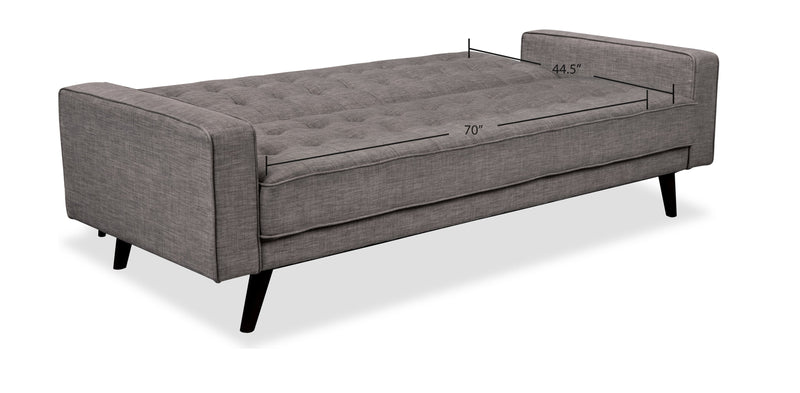 Futon Avery de 81,5 po en tissu d’apparence lin avec mécanisme Klik Klak, capitonnage et deux accoudoirs coussinés - gris