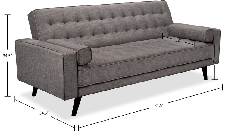 Futon Avery de 81,5 po en tissu d’apparence lin avec mécanisme Klik Klak, capitonnage et deux accoudoirs coussinés - gris