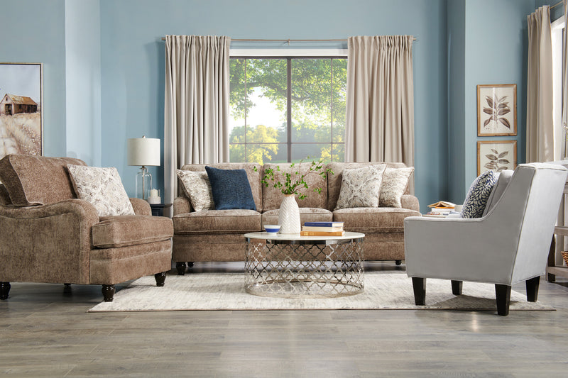 Sofa Bellmont de 89 po fabriqué au Canada en tissu de chenille avec coussins réversibles et pattes en bois - brun caramel