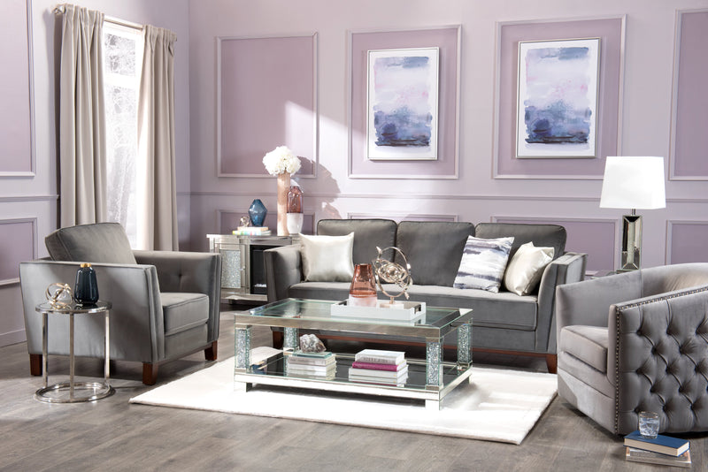 Table à café somptueuse Berni de 47,2 po avec dessus en miroir et en verre et tablette - métal argenté avec pattes à apparence de diamant