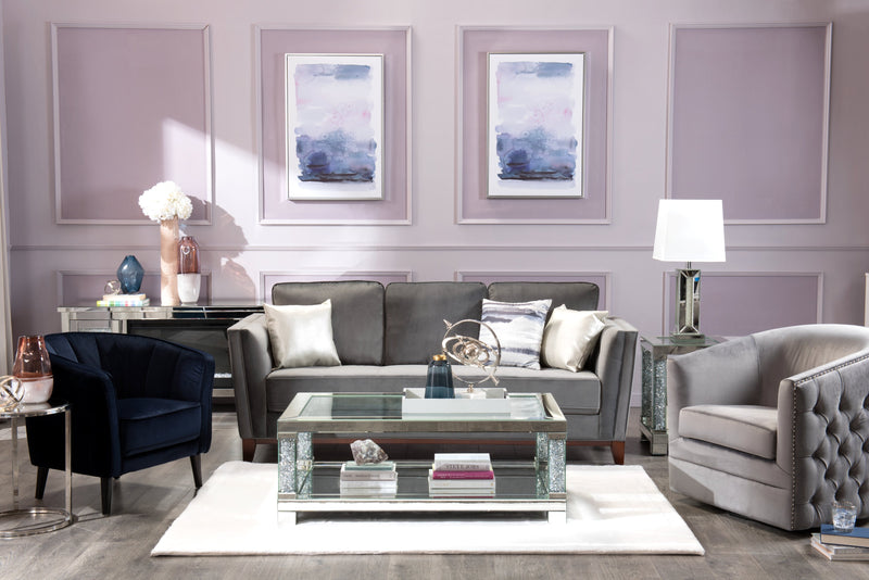 Table de bout somptueuse Berni de 18 po avec dessus en miroir et en verre et tablette - métal argenté avec pattes à apparence de diamant