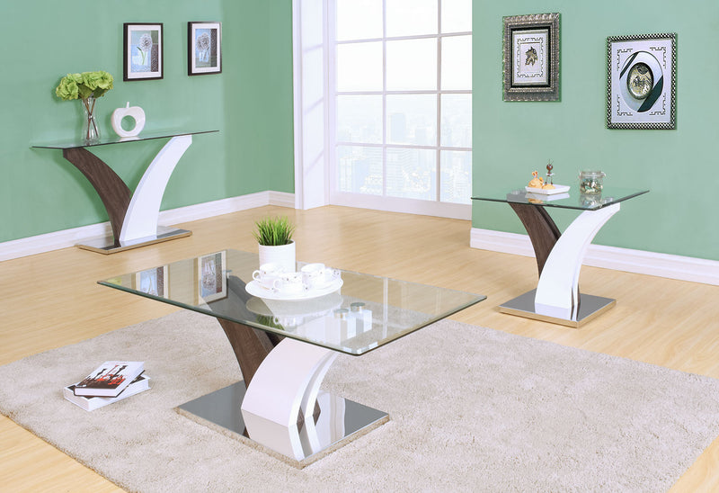 Table de salon moderne Tuxedo de 48 po avec dessus en verre - blanche et grise avec base en métal
