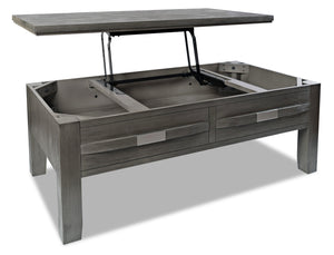 Table à café rustique Bronx de 48 po avec dessus relevable, rangement, tablette et roulettes - bois gris