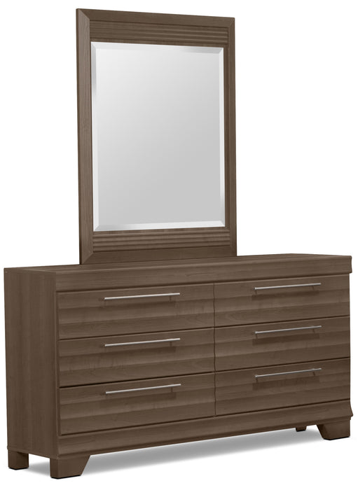 Ensemble de chambre à coucher Olivia 6 pièces fabriqué au Canada avec lit de rangement, commode, miroir et table de nuit, gris - format grand lit