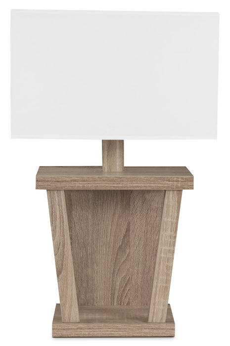 Lampe de table taupe foncé avec touches de noir et abat-jour blanc 