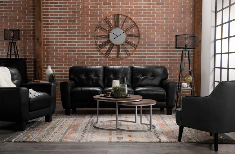 Sofa Curt de 85 po en cuir véritable avec capitonnage à boutons - noir