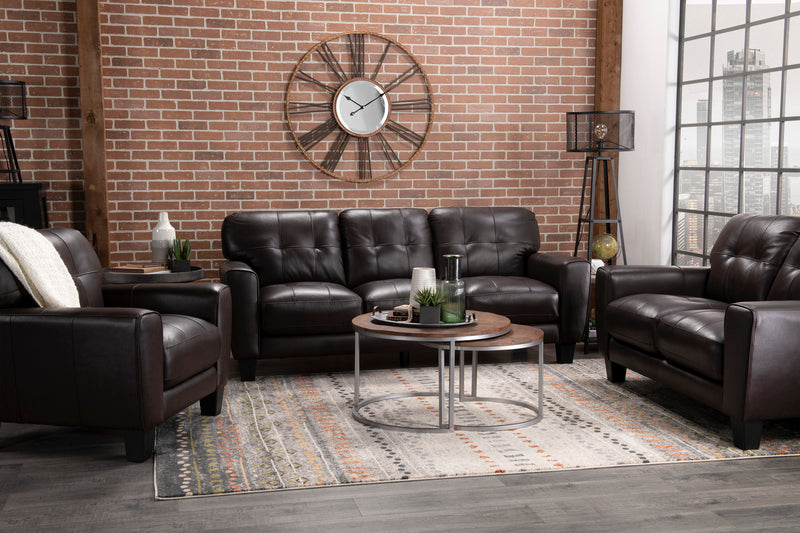 Sofa Curt de 85 po en cuir véritable avec capitonnage à boutons - brun