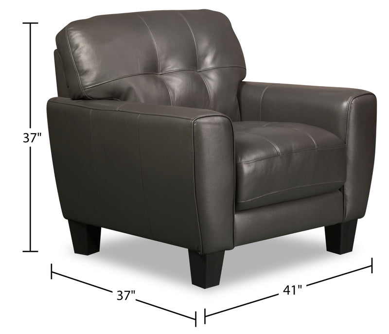 Fauteuil Curt de 41 po en cuir véritable avec capitonnage à boutons - gris