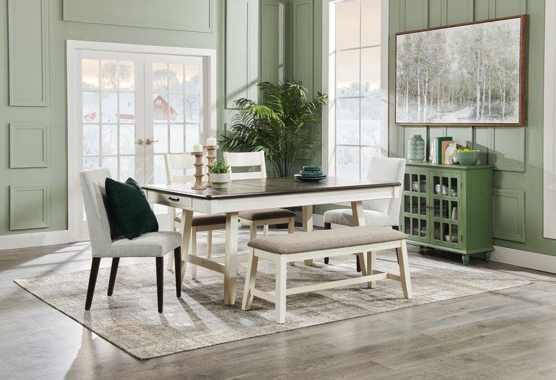 Table de salle à manger Echo de 70 po (L) en bois avec tiroirs de rangement et base à tréteaux - grise et blanche