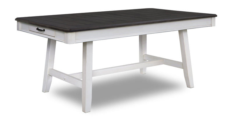Ensemble de table salle à manger Echo 7 pièces avec table de 70 po (L), tiroirs de rangement, base à tréteaux et 6 chaises - blanc-gris